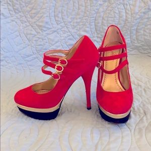 Red, black & gold suede/leather platform heels.